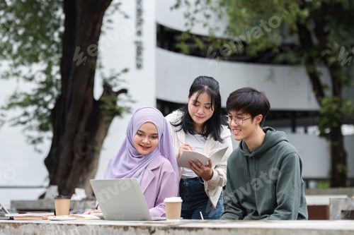 Preview: A group of happy multiracial students at the college with Muslim and Asian students grouped together