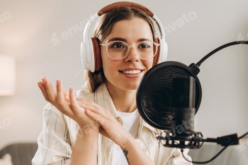 Preview: Young woman speaking into a microphone recording a podcast from home