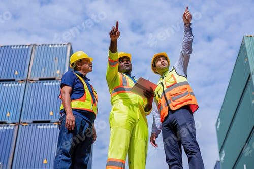 Preview: 3 engineer working in container storage yard use digital tablet check quantity prepare to delivery