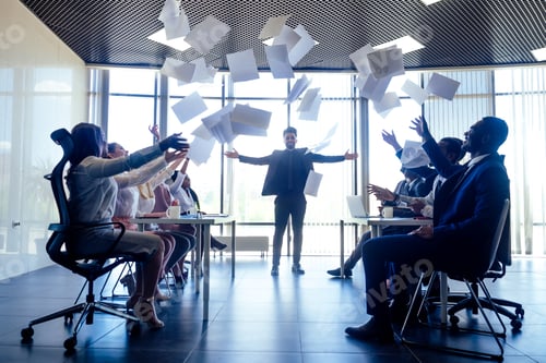 Preview: Group of business people rejoicing in closing the quarter successfully tossing up