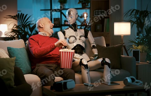Preview: Senior man and female AI robot watching movies together at home