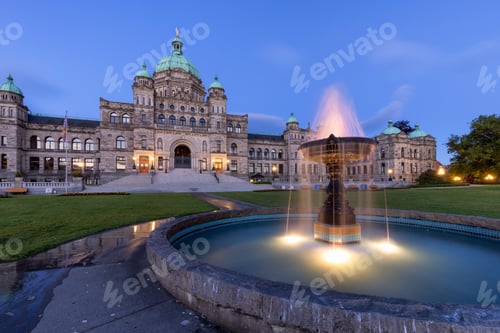 Preview: Legislative Assembly of British Columbia in the Capital City during colorful sunrise.
