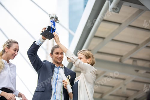 Preview: Group of successful colleagues and business people outdoor