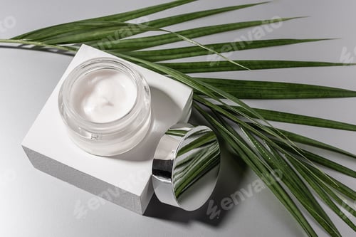 Preview: top view of moisturizing cream in glass jar with palm leaf on grey background