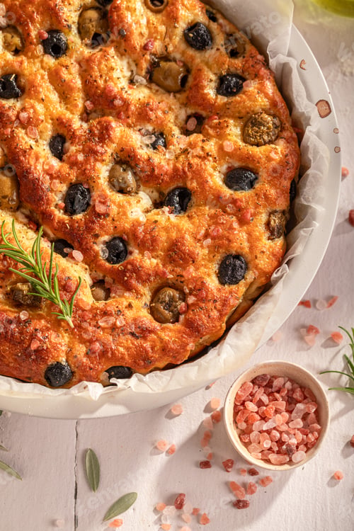 Preview: Tasty focaccia with black and green olives.