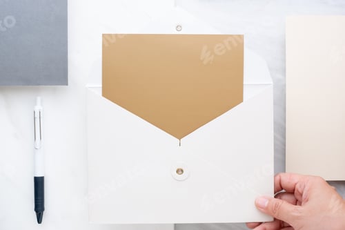 Preview: Top view of blank gold card in white envelop with pen and pine leaf on marble table