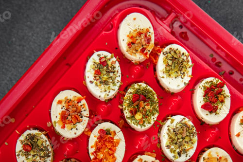Preview: cheese appetizer soft cheese with herbs and tomatoes pieces fresh tasty food dish delicious gourmet