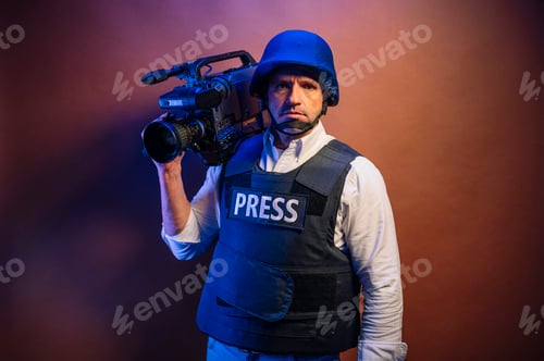 Preview: Reporter in bulletproof vest holding a video camera