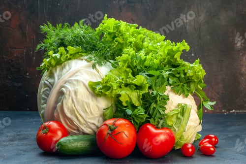 Preview: front view fresh vegetables cabbage bell peppers lettuce cauliflower parsley tomatoes cucumber dill