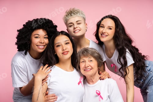 Preview: Diverse multinational women smiling and supporting breast cancer awareness