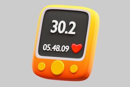 Preview: Digital display with black screen, white text, red heart symbol, and three circular buttons