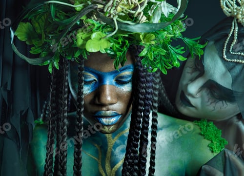 Preview: Plant, crown and fantasy with black woman and queen for evil, halloween and dark magic. Fashion, ae