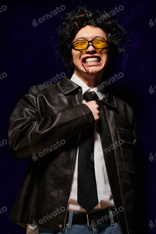 Preview: Stylish asian man showcasing bold fashion choices for spring in studio environment