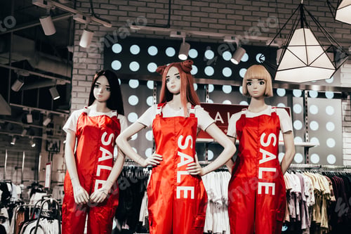 Preview: Fashion Mannequins in red overalls and text sale stand in shop window. Black friday sale
