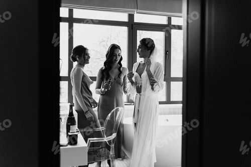 Preview: black and white photo. Morning of bride. Gorgeous bride with best bridesmaids are having fun i