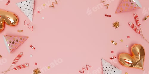 Visualização: Chapéus de festa coloridos de bolinhas com confetes em rosa, renderização 3D