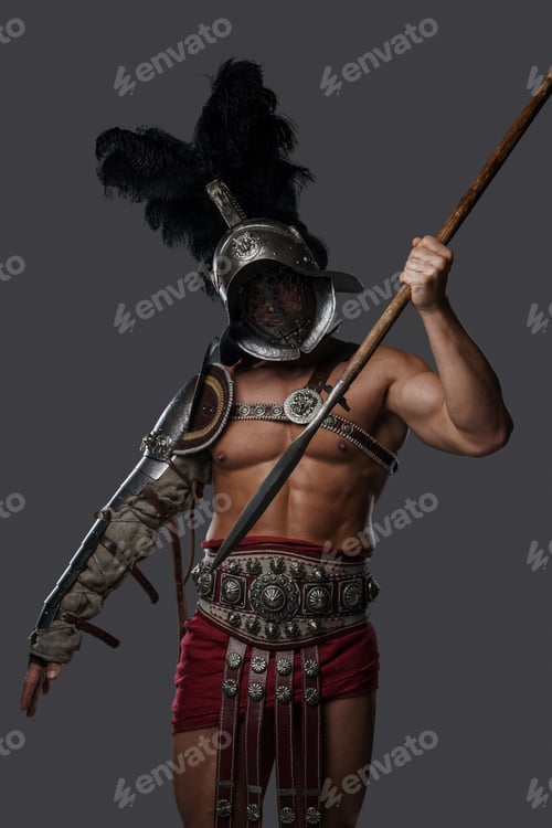 Preview: Gladiator spearman throwing spear against gray background