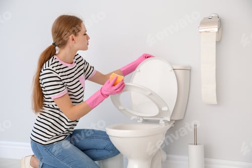 Preview: Woman cleaning toilet bowl in bathroom