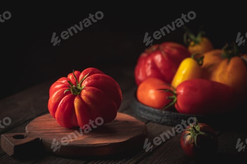 Preview: Fresh organic garden tomatoes on rustic table over dark wooden background. Healthy and vegetarian