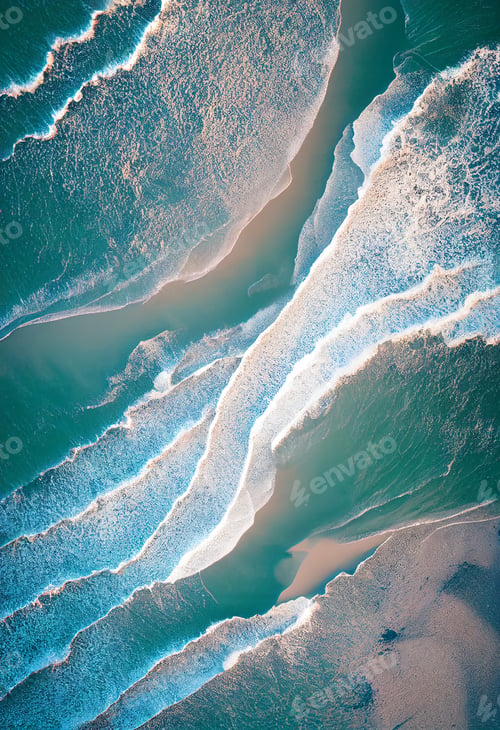 Preview: Aerial drone view with of crashing waves in crystal ocean. Top view. Blue clean wavy sea water.Blue