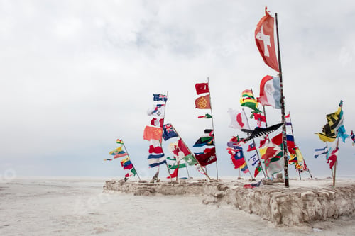 Preview: National flags in Salar de uyuni in Bolivia