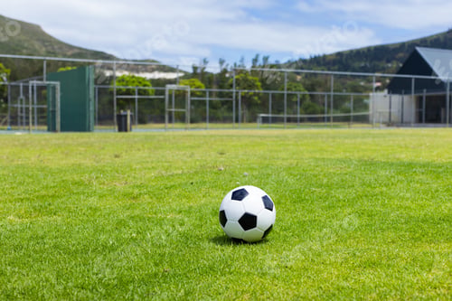 Preview: A soccer ball sits on a lush green field with mountains in the background, with copy space