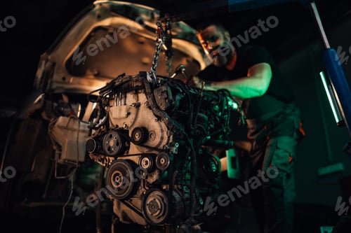Preview: Mechanic laboring on a car engine suspended in a garage workshop