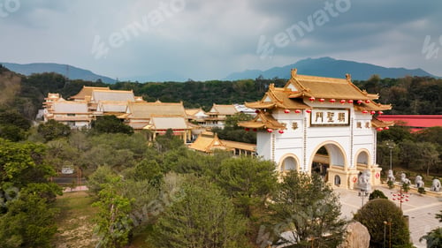 Preview: Aerial view of Shenwei Tiantaishan Monastery complex with traditional architecture in Taiwan