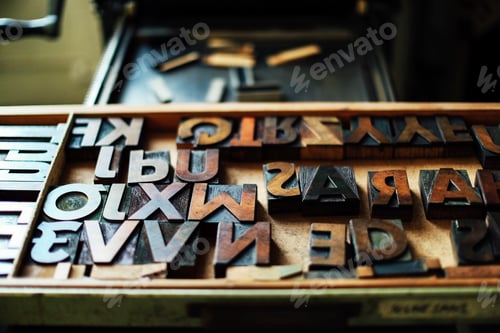 Preview: Tray of wooden letterpress letters in book arts workshop