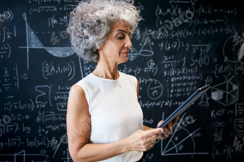 Preview: Middle aged academic woman working at blackboard