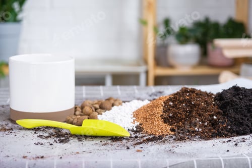 Preview: Ingredients for the soil of home potted plants, peat, earth, sand, perlite, vermiculite, coconut. A