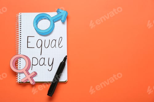 Preview: Equal pay. Notebook, paper gender symbols and marker on orange background, top view. Space for text