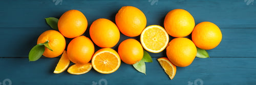 Preview: Flat lay composition with ripe oranges and leaves on wooden background. Top view