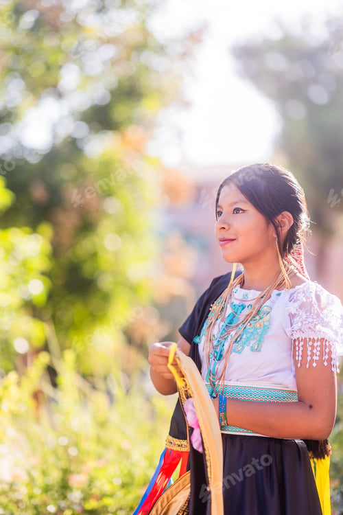 Preview: Young girl wearing traditional andean clothes participating in parade celebrating hispanic heritage