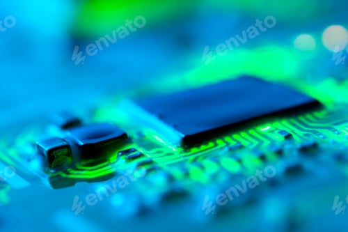 Preview: Electronic circuit board close up with green backlight