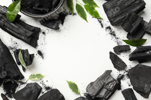 Preview: Charcoal, powdered charcoal and leaves on white background