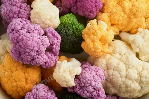 Preview: Colorfu cauliflower. Сauliflower cut into small pieces in red iron panon old wooden rustic backgroun