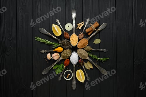 Preview: Colorful various herbs and spices for cooking on dark wooden rustic background