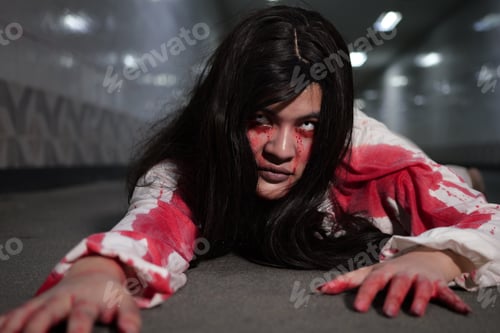 Preview: Scary woman in white dress with bloodstain after murder, Halloween concept
