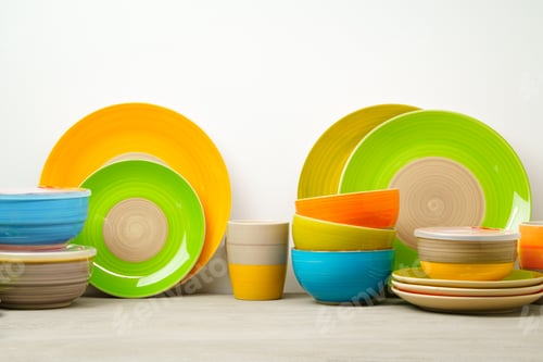 Preview: Set of colored ceramic dishware front view