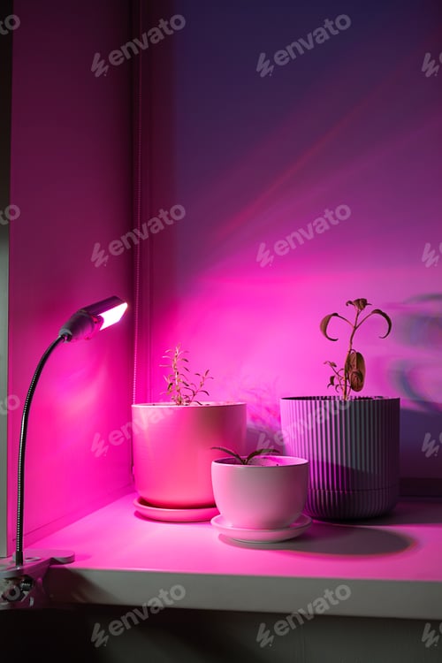 Preview: Grow lamp illuminating potted plants, providing artificial light for growth and health.