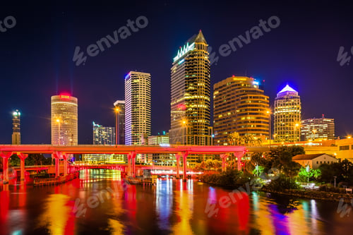 Preview: The Skyline And Bridges Over The Hillsborough River At Night In Tampa, Florida.