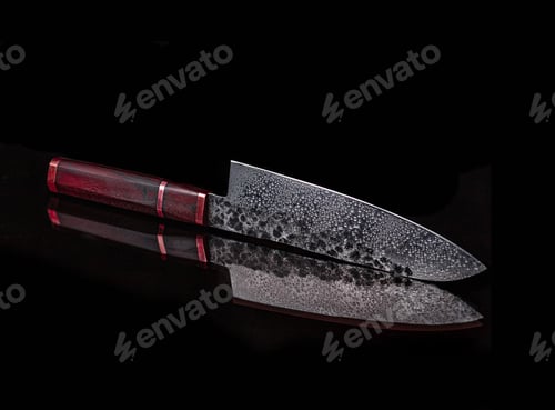 Preview: Sharp knife with a wooden handle and its reflection on a black surface