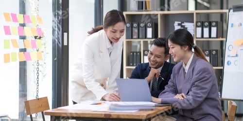 Preview: Group of young asian modern people in smart casual wear having a brainstorm meeting. Group of young