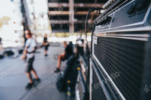 Preview: Guitar amplifier on a stage during musicians performing on a concert on a festival