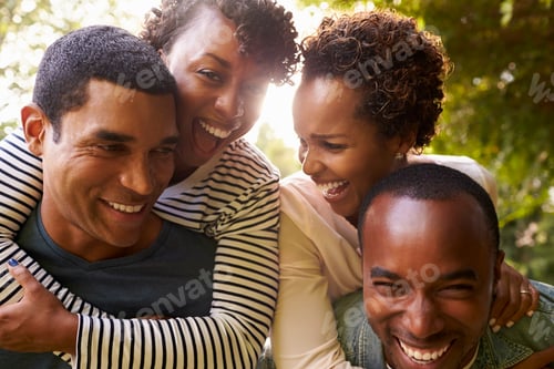 Preview: Two adult black couples have fun piggybacking, close up