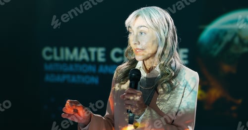 Preview: Conference, mature woman and seminar on stage for speech, talk or discussion with workshop host. Pa
