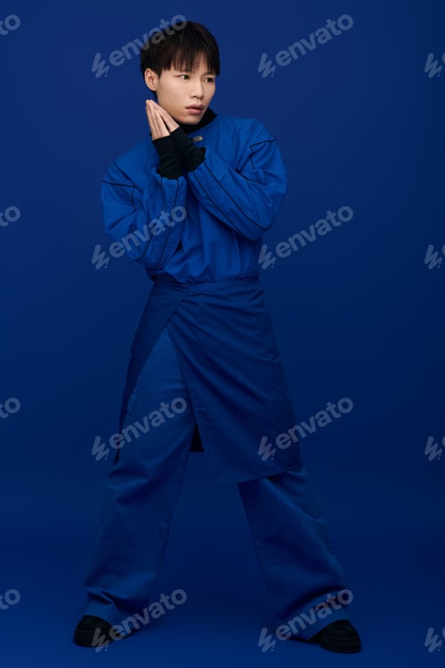 Preview: Captivating young asian man in striking blue outfit poses creatively against a deep blue backdrop