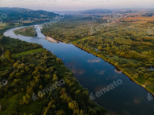 Preview: Winding Dunajec River Drone View. Green and Blue Outdoors