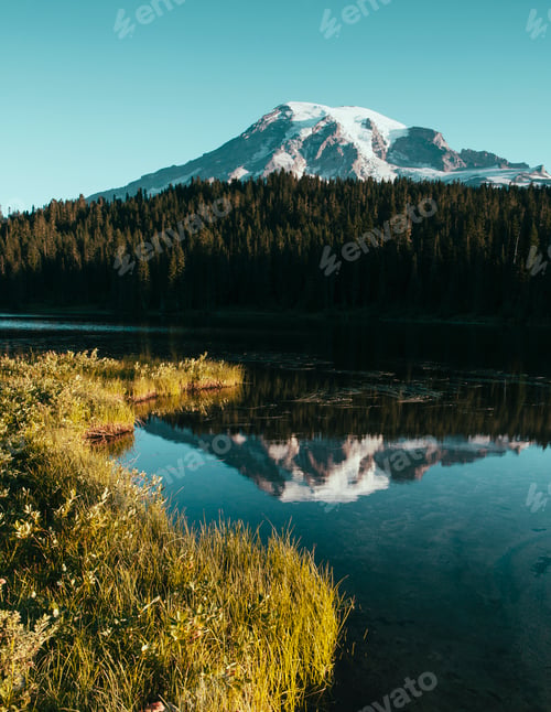 Preview: View of Mount Rainier from Reflection Lakes at dawn in Mount Rainier national park.